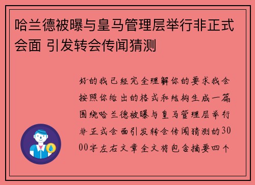哈兰德被曝与皇马管理层举行非正式会面 引发转会传闻猜测 哈兰德被曝与皇马管理层举行非正式会面 引发转会传闻猜测